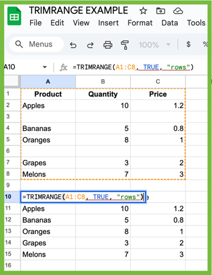 Demonstration of TRIMRANGE function removing blank rows from a dataset.