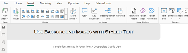 A background image with styled text in Power BI desktop