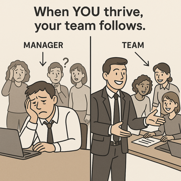 A cartoon showing the positive effect a motivated manager has